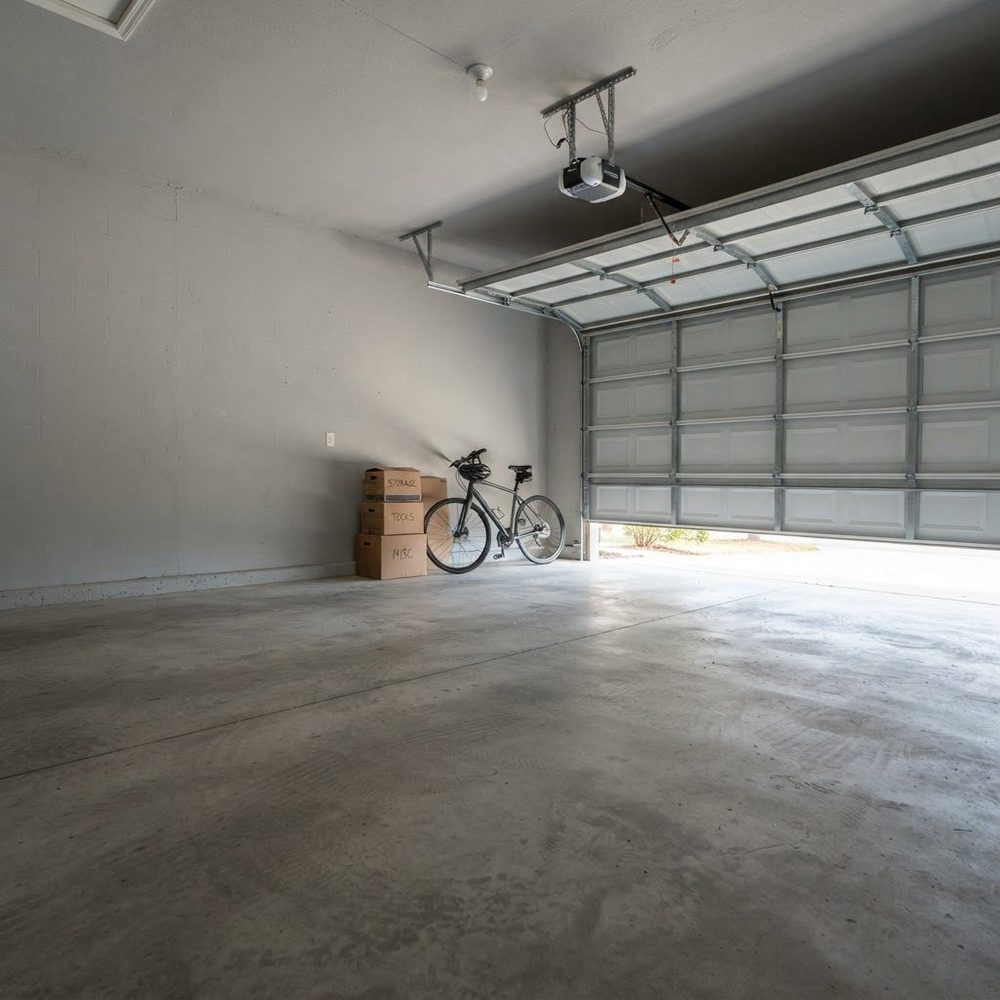 A bare concrete garage floor